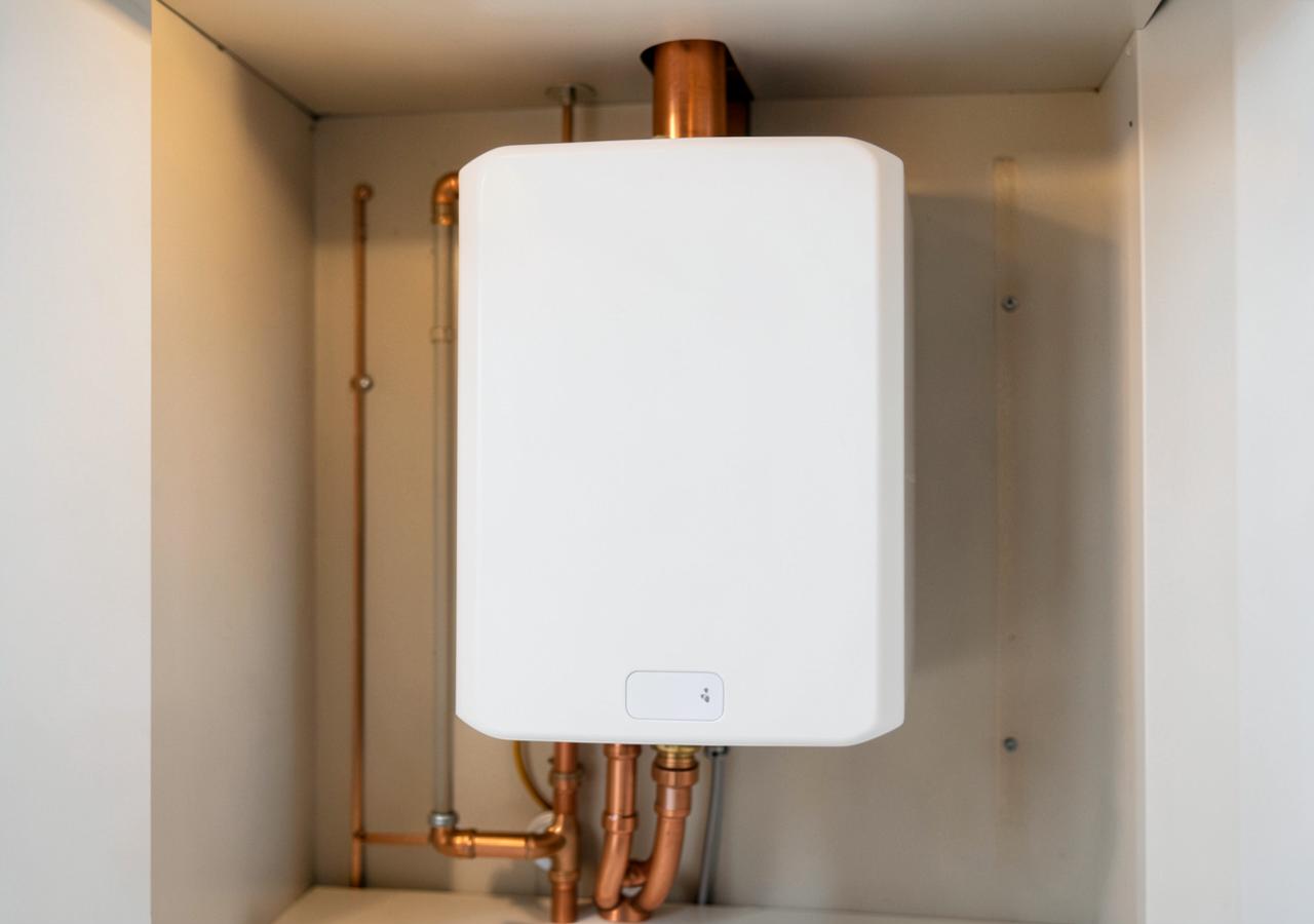 White combi boiler neatly installed with copper pipework