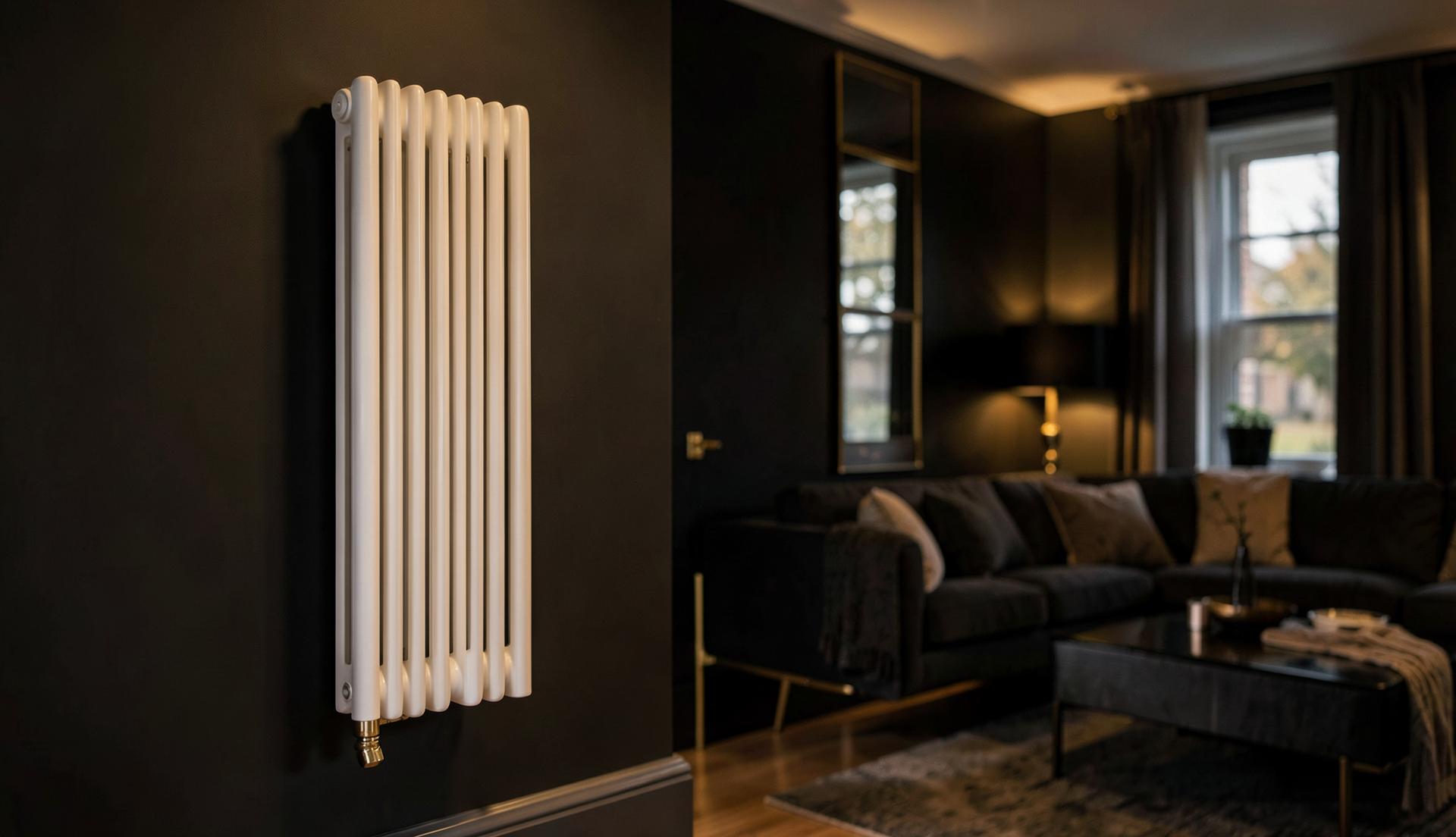 Modern UK home interior with a stylish white radiator and warm ambient lighting